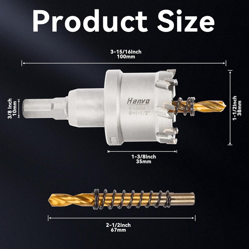 Henvo Hole Saw 1-1/2" (38mm) Heavy Duty Carbide with 2 Pilot Drill Bits - Metal Hole Cutter Cuts Stainless Steel, Iron, Copper, Brass, Plastic - Image 2